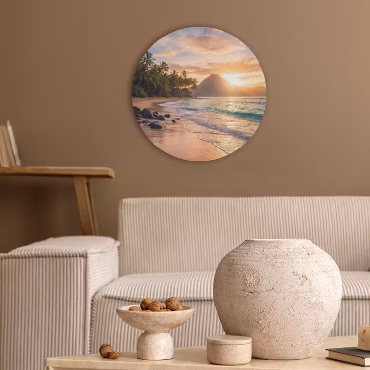 Zee - Berg - Landschap - Tropisch - Goud Akoestische PET Vilt - Rond klein -sfeer1