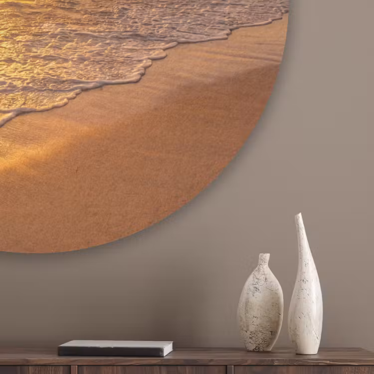 Zee - Zonsondergang - Golven - Kust - Oranje Akoestische PET Vilt - Rond klein -sfeer5_closeup