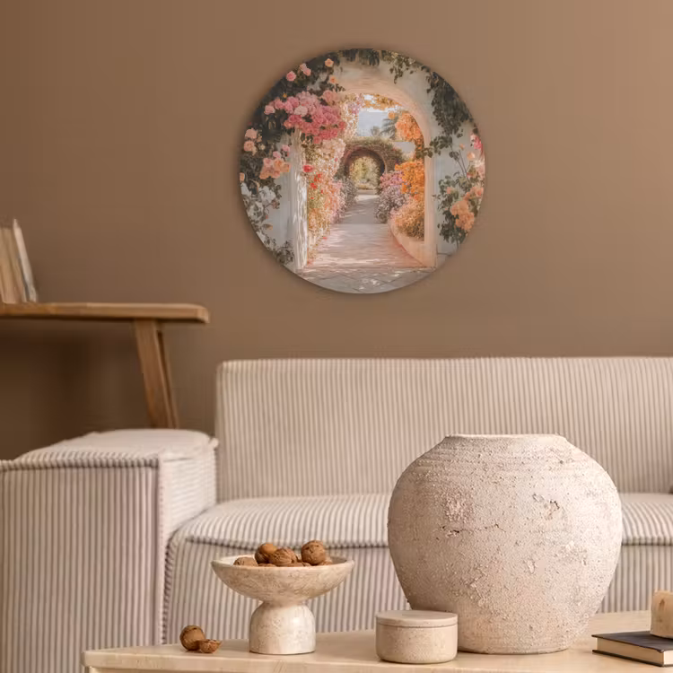Doorkijk - Boog - Bloemen - Pastel Akoestische PET Vilt - Rond klein -sfeer1