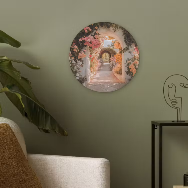 Doorkijk - Boog - Bloemen - Pastel Akoestische PET Vilt - Rond klein -sfeer2
