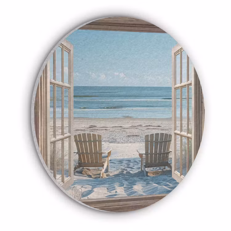 Doorkijk - Strandstoelen - Duinen - Zee - Natuur Akoestische PET Vilt - Rond klein -3d