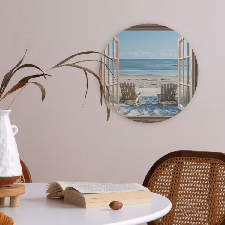 Doorkijk - Strandstoelen - Duinen - Zee - Natuur Akoestische PET Vilt - Rond klein -sfeer3