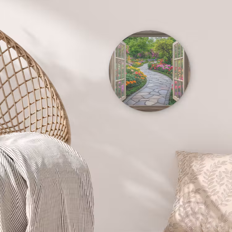 Doorkijk - Bloemen - Tuinpad - Natuur - Raam Akoestische PET Vilt - Rond klein -sfeer4