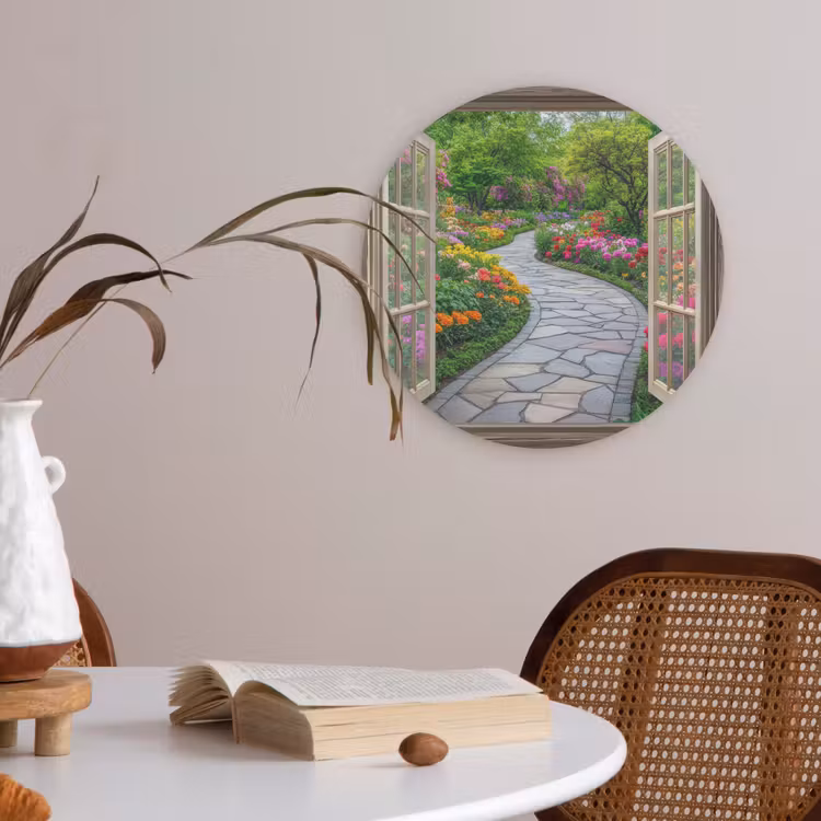 Doorkijk - Bloemen - Tuinpad - Natuur - Raam Akoestische PET Vilt - Rond klein -sfeer3