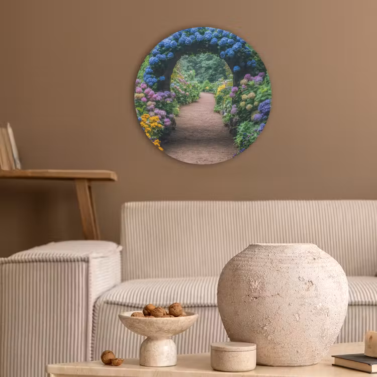 Doorkijk - Bloemen - Hortensia - Pad Akoestische PET Vilt - Rond klein -sfeer1