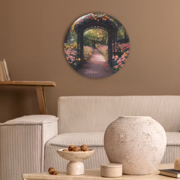 Doorkijk - Bloemen - Pad - Natuur - Kleurrijk Akoestische PET Vilt - Rond klein -sfeer1