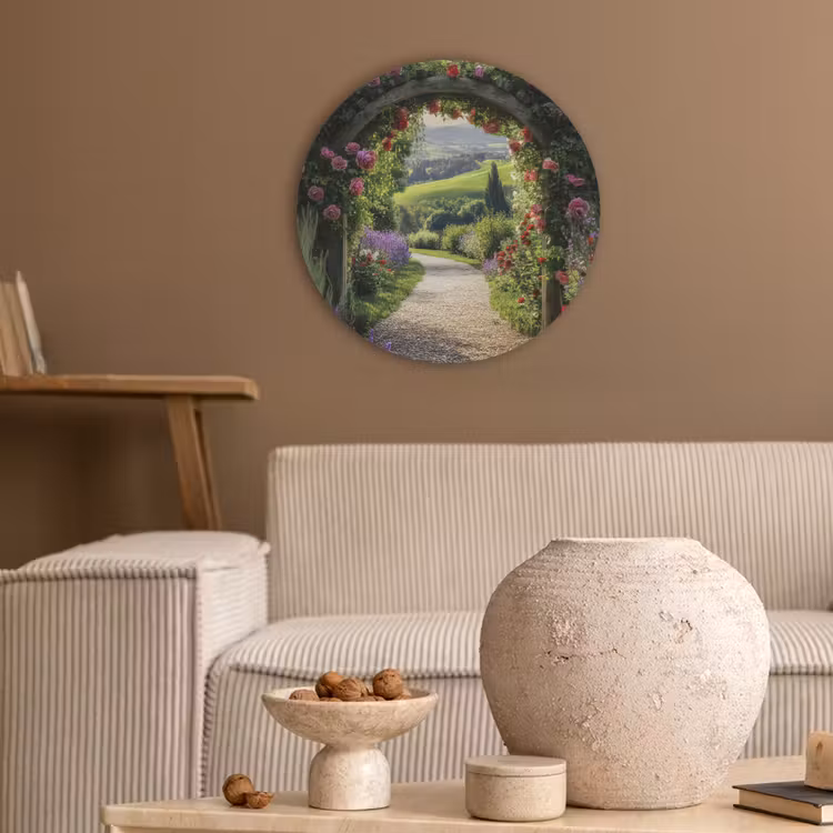 Doorkijk - Tuinboog - Bloemen - Natuur - Pad Akoestische PET Vilt - Rond klein -sfeer1
