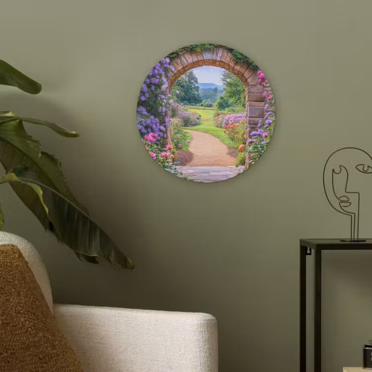 Doorkijk - Poort - Bloemen - Tuin Akoestische PET Vilt - Rond klein -sfeer2