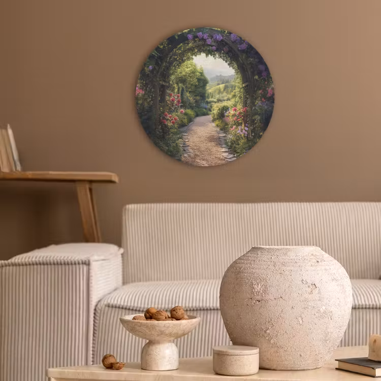 Doorkijk - Landschap - Bloemen - Tuinboog - Natuur Akoestische PET Vilt - Rond klein -sfeer1