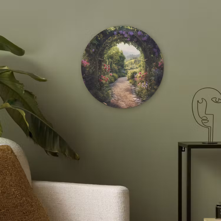 Doorkijk - Landschap - Bloemen - Tuinboog - Natuur Akoestische PET Vilt - Rond klein -sfeer2