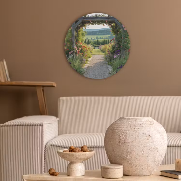 Doorkijk - Landschap - Natuur - Tuinboog - Bloemen Akoestische PET Vilt - Rond klein -sfeer1