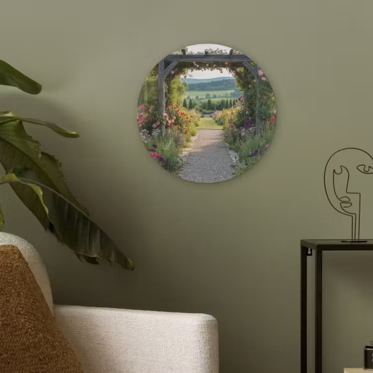 Doorkijk - Landschap - Natuur - Tuinboog - Bloemen Akoestische PET Vilt - Rond klein -sfeer2