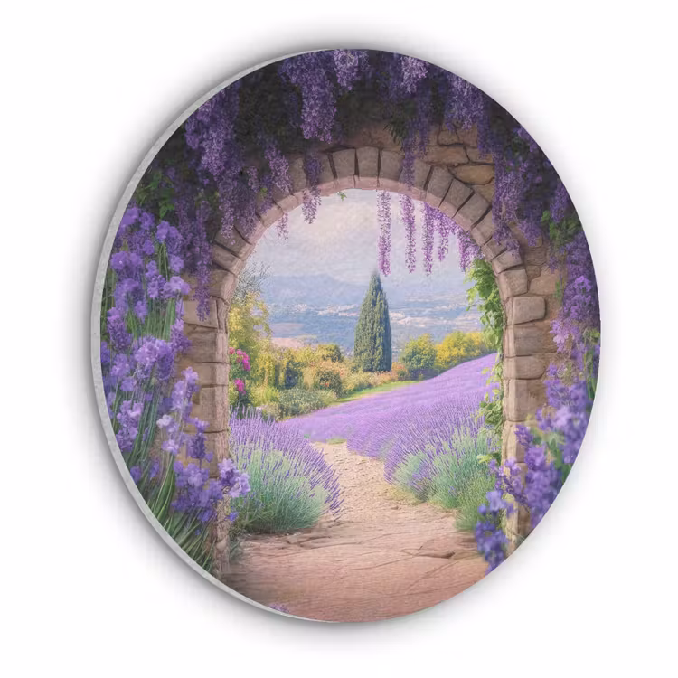 Doorkijk - Lavendel - Bloemen - Paars - Poort Akoestische PET Vilt - Rond klein -3d