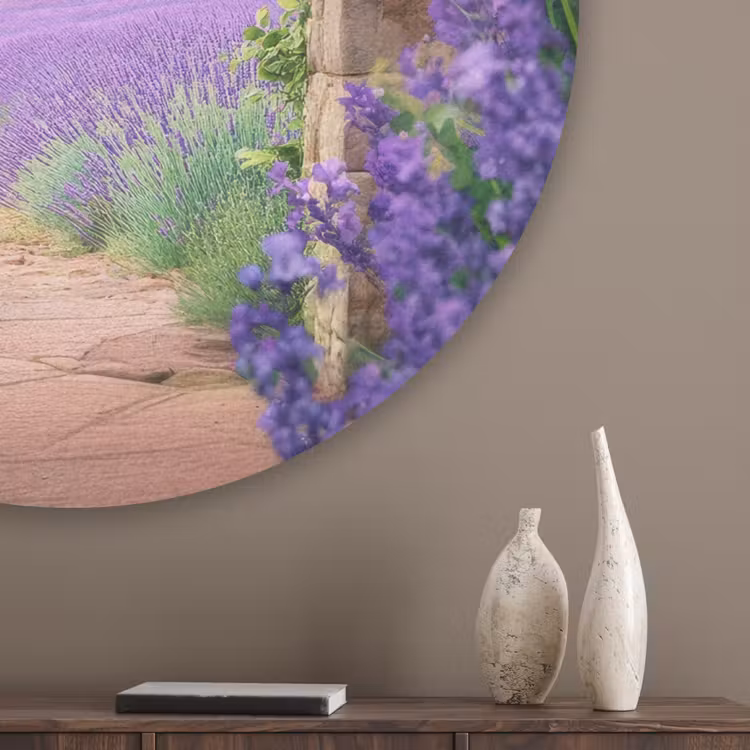 Doorkijk - Lavendel - Bloemen - Paars - Poort Akoestische PET Vilt - Rond klein -sfeer5_closeup