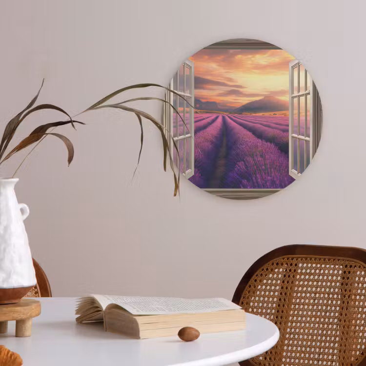Doorkijk - Lavendel - Landschap - Bloemen - Paars Akoestische PET Vilt - Rond klein -sfeer3