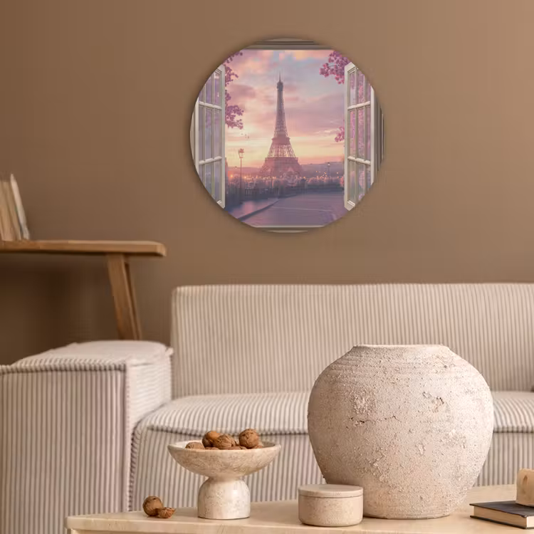 Doorkijk - Parijs - Eiffeltoren - Roze - Kersenbloesem Akoestische PET Vilt - Rond klein -sfeer1
