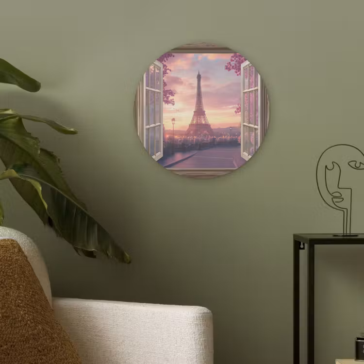 Doorkijk - Parijs - Eiffeltoren - Roze - Kersenbloesem Akoestische PET Vilt - Rond klein -sfeer2