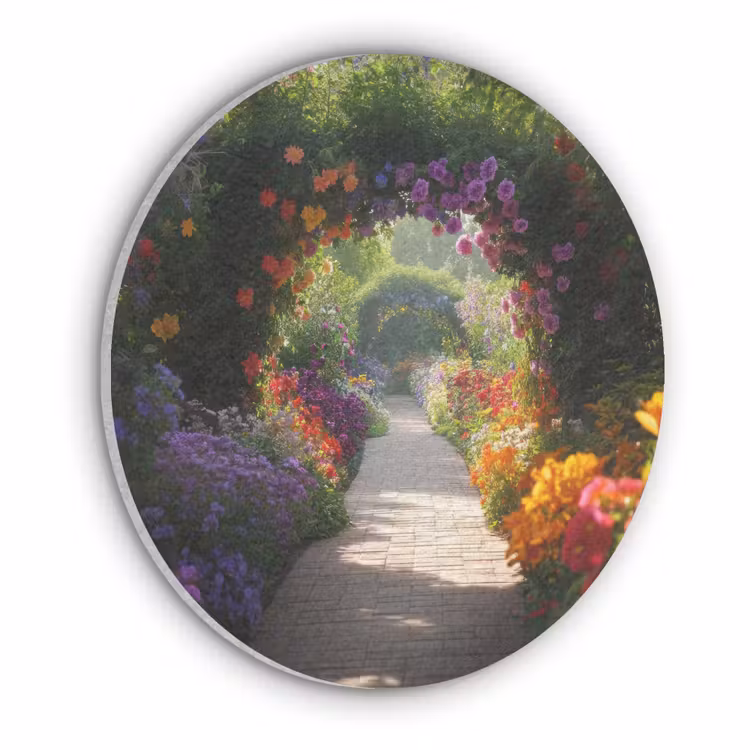 Doorkijk - Pad - Bloemen - Struik - Kleurrijk Akoestische PET Vilt - Rond klein -3d