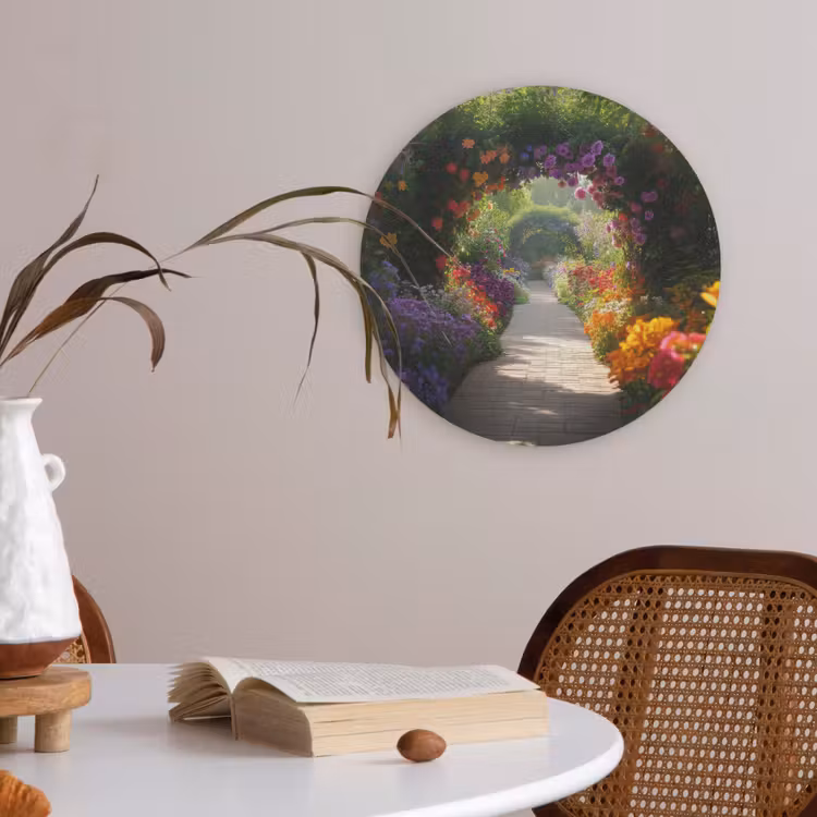 Doorkijk - Pad - Bloemen - Struik - Kleurrijk Akoestische PET Vilt - Rond klein -sfeer3