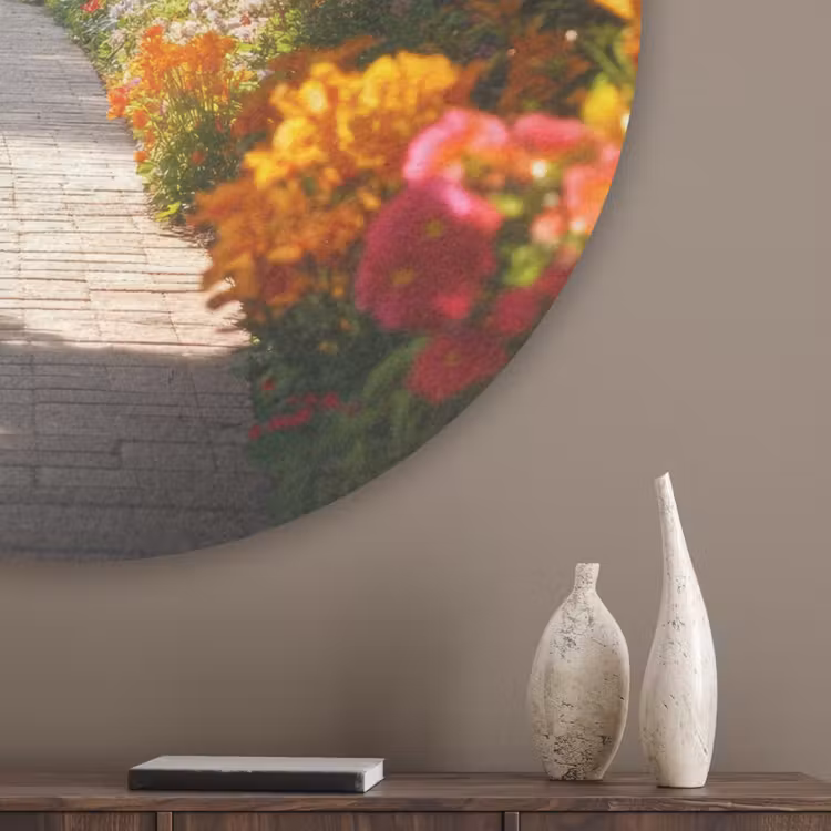 Doorkijk - Pad - Bloemen - Struik - Kleurrijk Akoestische PET Vilt - Rond klein -sfeer5_closeup