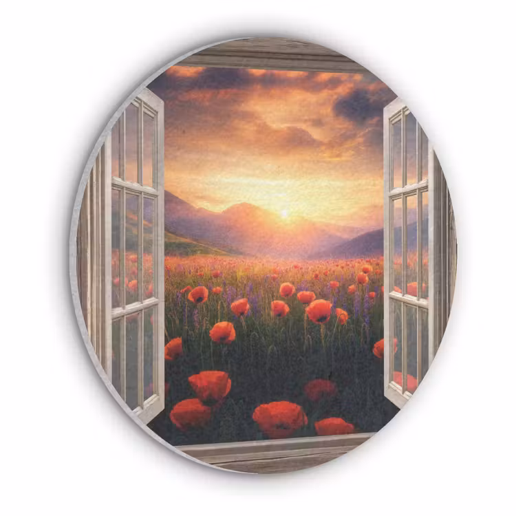 Doorkijk - Klaprozen - Bloemen - Rood - Open raam Akoestische PET Vilt - Rond klein -3d