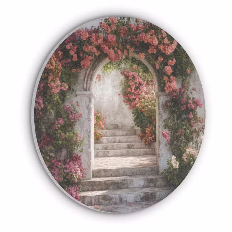 Doorkijk - Rozen - Vintage - Poort Akoestische PET Vilt - Rond klein -3d