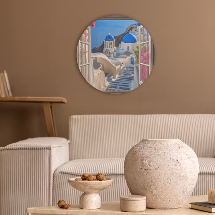 Doorkijk - Santorini - Landschap - Blauw - Grieks Akoestische PET Vilt - Rond klein -sfeer1