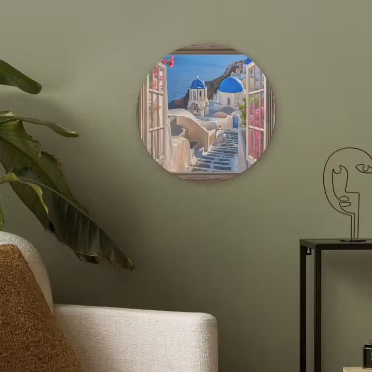 Doorkijk - Santorini - Landschap - Blauw - Grieks Akoestische PET Vilt - Rond klein -sfeer2