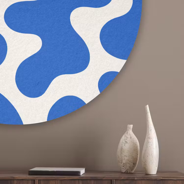 Vormen - Abstract - Blauw - Golven Akoestische PET Vilt - Rond klein -sfeer5_closeup