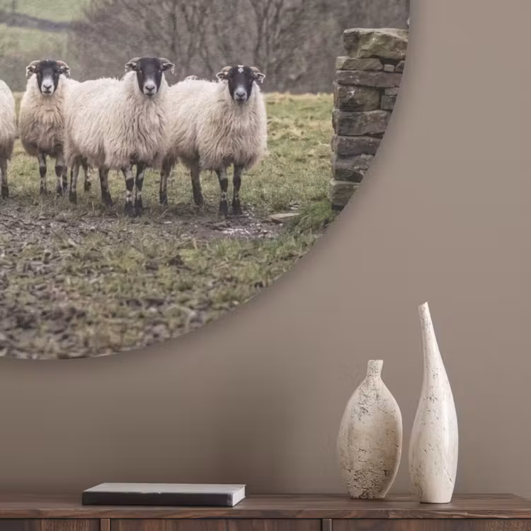 Schapen - Rij - Weide - Dieren - Platteland Akoestische PET Vilt - Rond klein -sfeer5_closeup