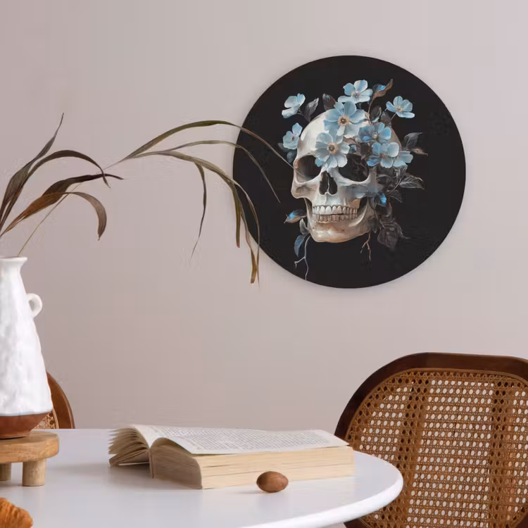 Schedel - Blauw - Bloemen - Bladeren Akoestische PET Vilt - Rond klein -sfeer3