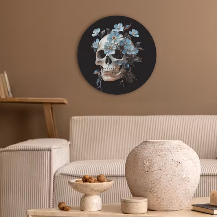 Schedel - Blauw - Bloemen - Bladeren Akoestische PET Vilt - Rond klein -sfeer1