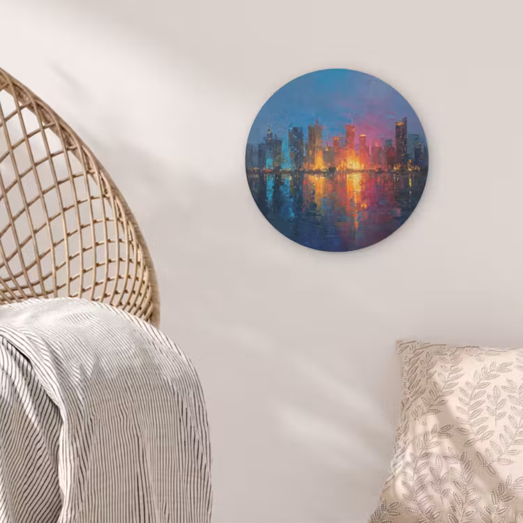Skyline - Penseelstreken - Donkerblauw - Lichtgevend Akoestische PET Vilt - Rond klein -sfeer4
