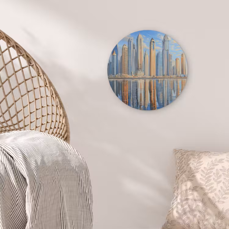 Skyline - Wolkenkrabbers - Water - Blauw Akoestische PET Vilt - Rond klein -sfeer4