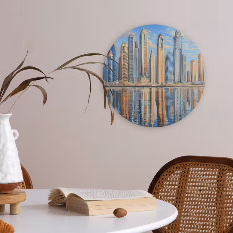 Skyline - Wolkenkrabbers - Water - Blauw Akoestische PET Vilt - Rond klein -sfeer3