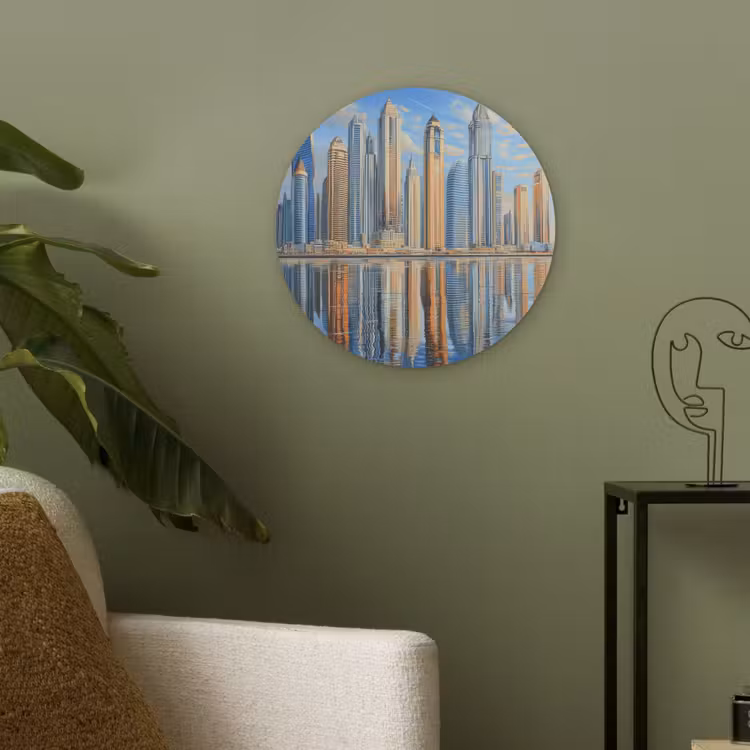 Skyline - Wolkenkrabbers - Water - Blauw Akoestische PET Vilt - Rond klein -sfeer2