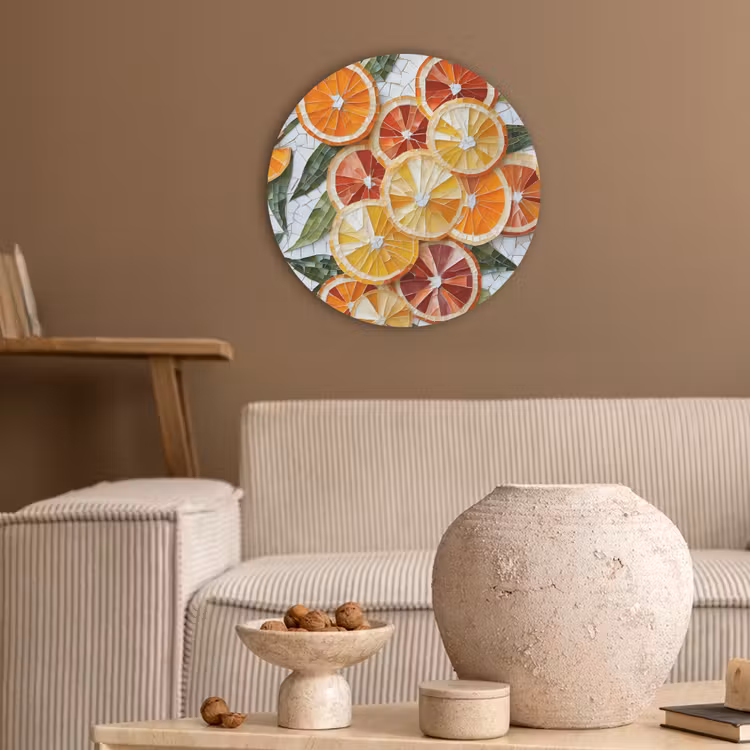 Schijfjes - Fruit - Oranje - Mozaïek Akoestische PET Vilt - Rond klein -sfeer1