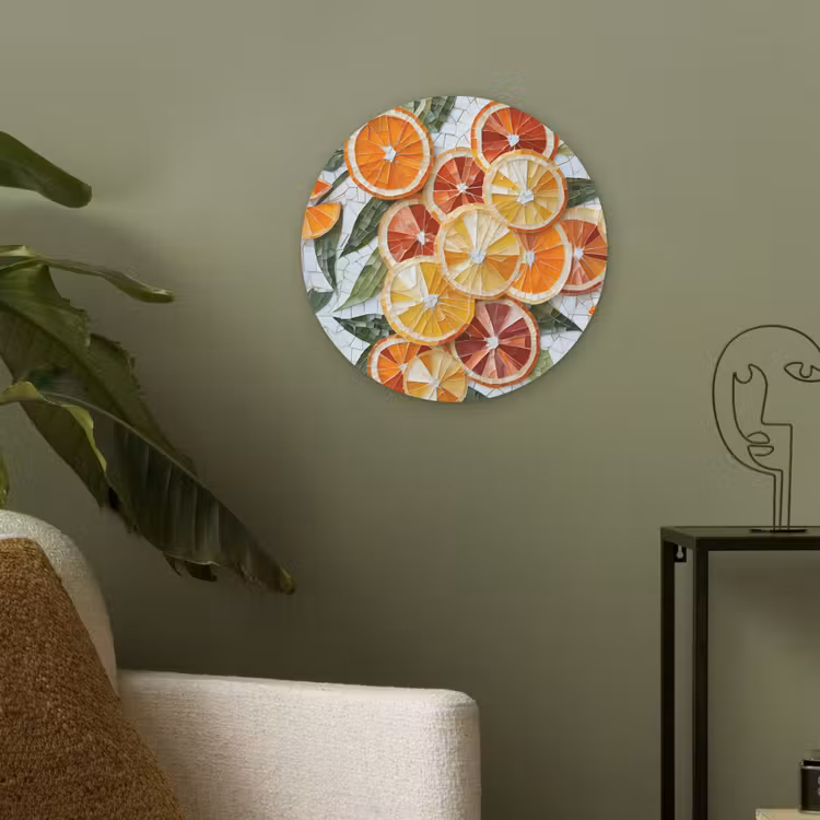 Schijfjes - Fruit - Oranje - Mozaïek Akoestische PET Vilt - Rond klein -sfeer2