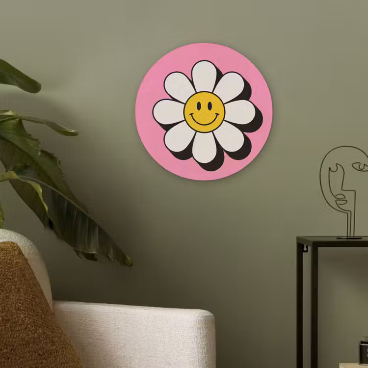Smiley - Bloem - Roze Akoestische PET Vilt - Rond klein -sfeer2