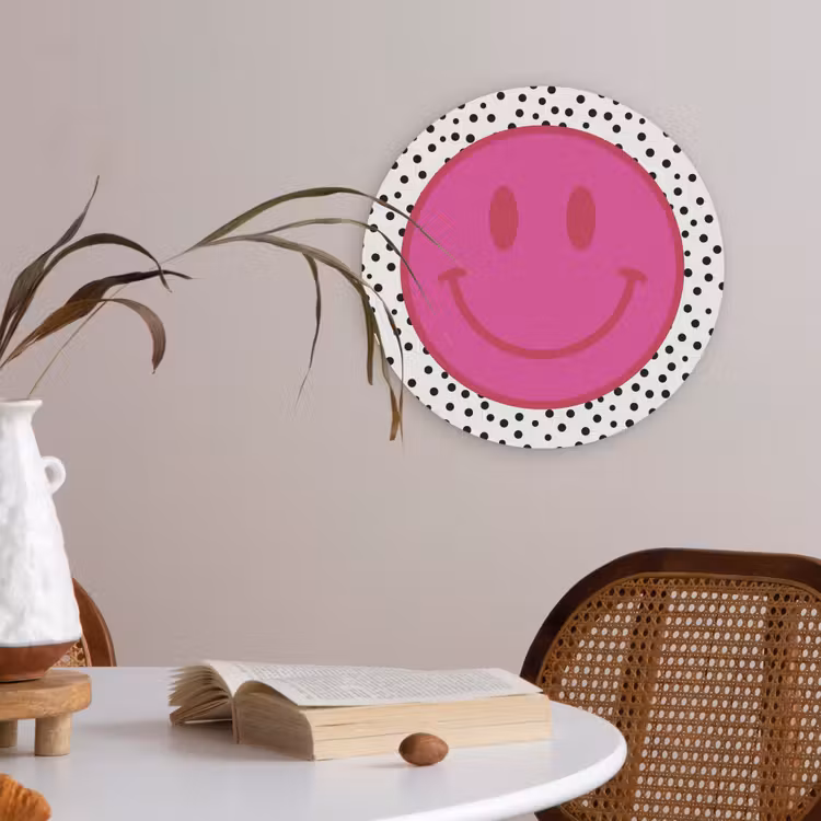 Smiley - Roze - Stippen Akoestische PET Vilt - Rond klein -sfeer3