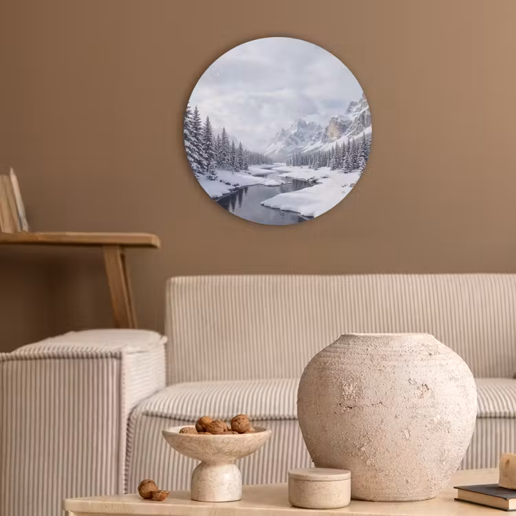 Sneeuwlandschap - Bergen - Rivier - Winter Akoestische PET Vilt - Rond klein -sfeer1