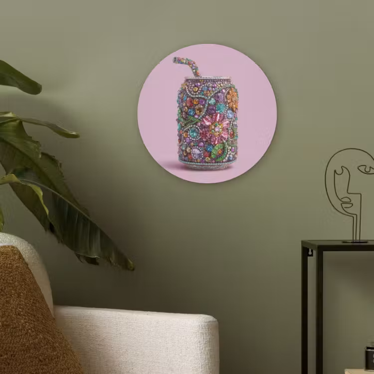 Frisdrankblikje - Bloemenpatroon - Edelstenen - Kleurrijk Akoestische PET Vilt - Rond klein -sfeer2