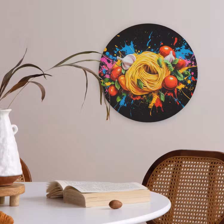Spaghetti - Graffiti - Verf - Kleurrijk - Eten - Modern Akoestische PET Vilt - Rond klein -sfeer3
