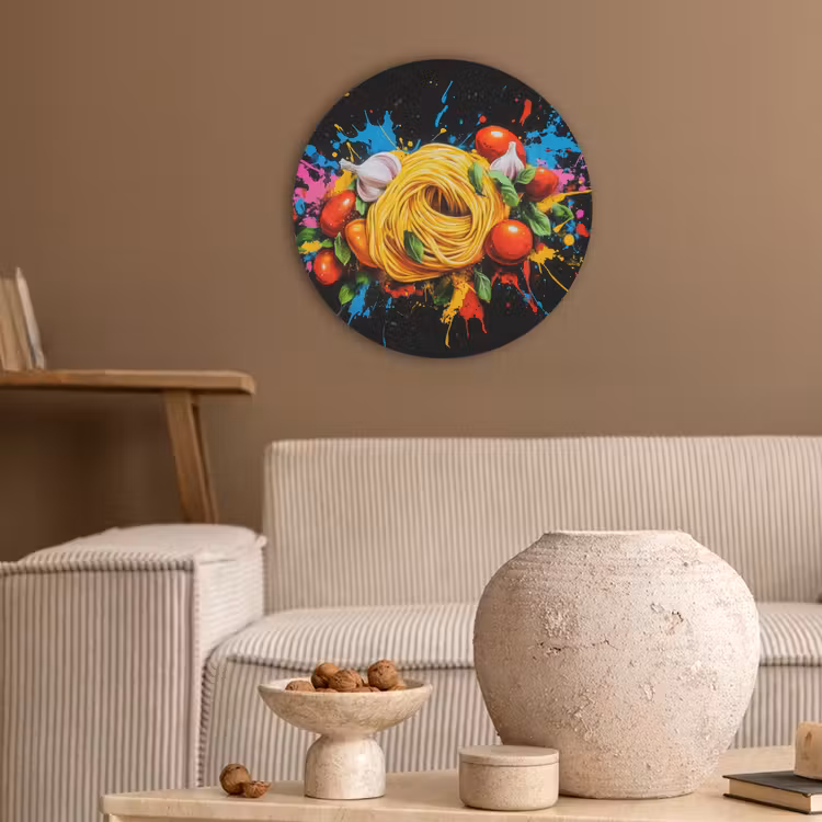 Spaghetti - Graffiti - Verf - Kleurrijk - Eten - Modern Akoestische PET Vilt - Rond klein -sfeer1