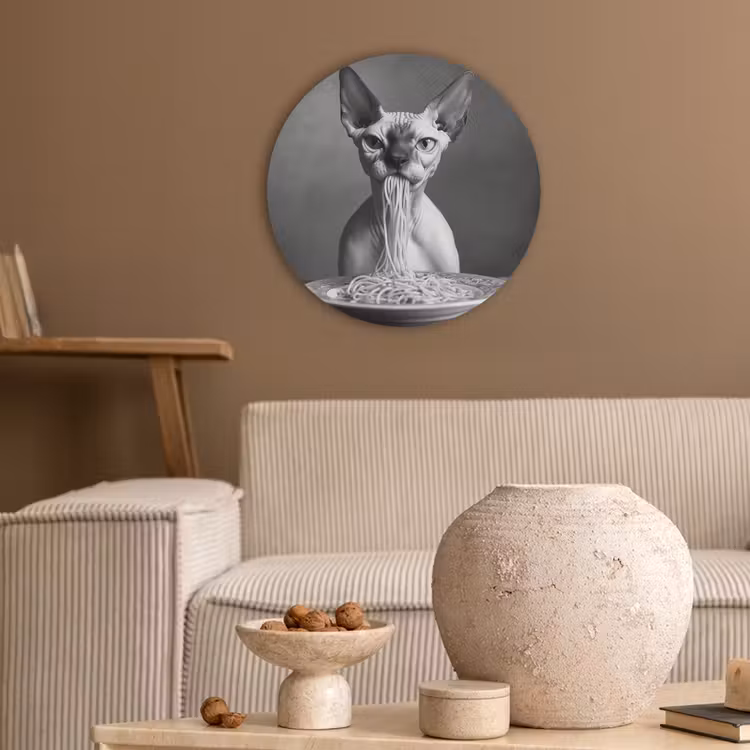 Sphynx - Kat - Dieren - Humor - Spaghetti - Zwart Wit Akoestische PET Vilt - Rond klein -sfeer1
