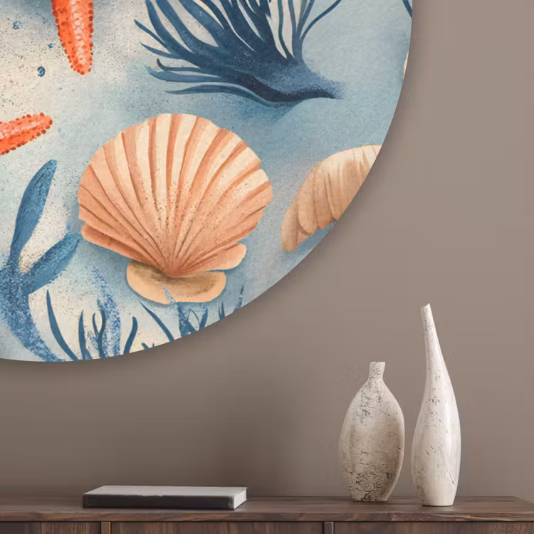 Zeesterren - Schelpen - Illustratie - Zand Akoestische PET Vilt - Rond klein -sfeer5_closeup