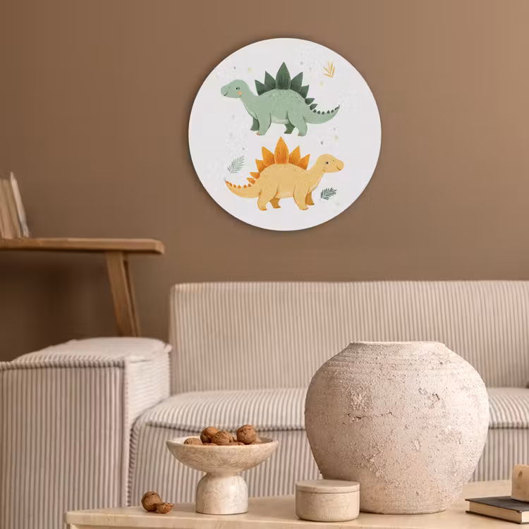 Sterren - Stegosaurussen - Blaadjes - Groen Akoestische PET Vilt - Rond klein -sfeer1