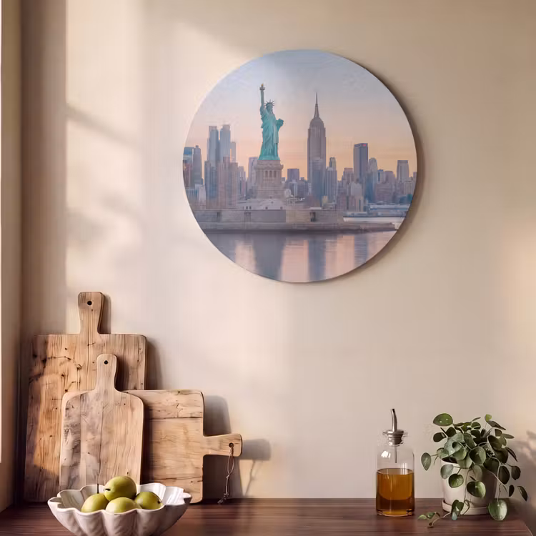 Vrijheidsbeeld - New York - Zonsopgang - Stad - Architectuur Akoestische PET Vilt - Rond klein -sfeer2