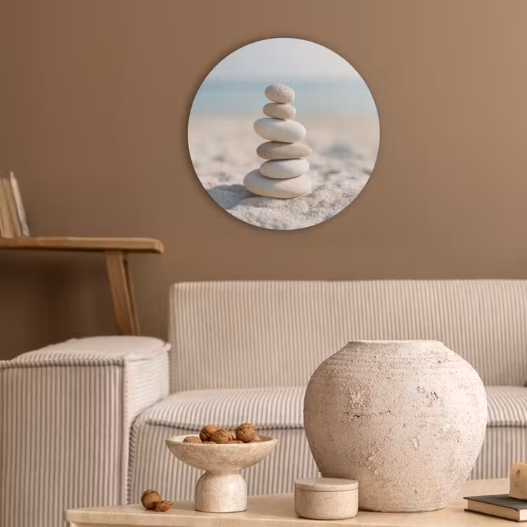 Stenen - Stapel - Zand - Zee Akoestische PET Vilt - Rond klein -sfeer1