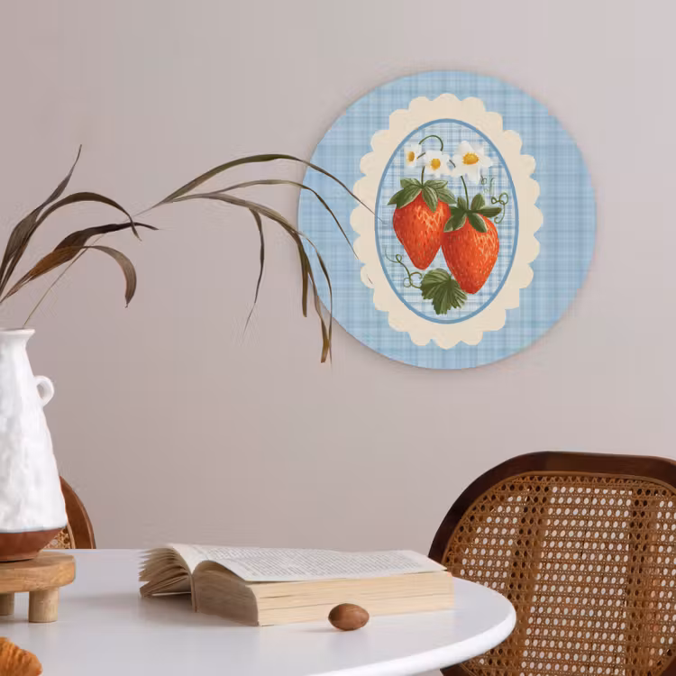 Aardbeien - Lijst - Rood - Geruit Akoestische PET Vilt - Rond klein -sfeer3